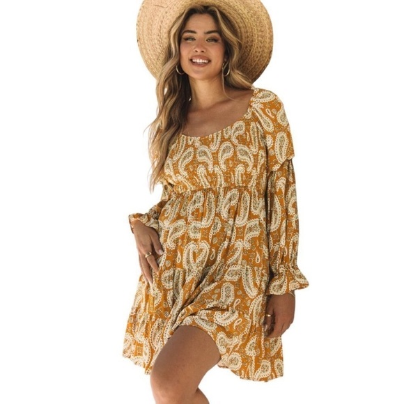 Dresses & Skirts - Yellow Sunny Bohemian Bliss: Paisley Long Sleeve Floral Dress size Large NWOT
